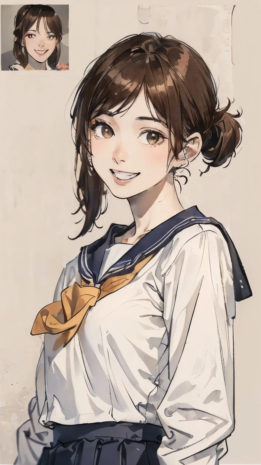 (Highest quality、8K、32k、masterpiece)、(Realistic)、(Realistic:1.2)、(High resolution)、Very detailed、Very beautiful face and eyes、1 Girl、Round and small face、Tight waist、Delicate body、(Highest quality、Attention to detail、Rich skin detail)、(Realistic、Realistic:1.37)、Bright colors、(((Brown Hair)))、(((Upper Body Shot)))、(((Side Ponytail)))、(((Fair skin)))、(((White wall background)))、(((White wall background)))、(((smile)))、((Happy expression))、(((Teeth are visible)))、(((Touching the head)))、(((Wear a sailor uniform)))、(((short hair))、