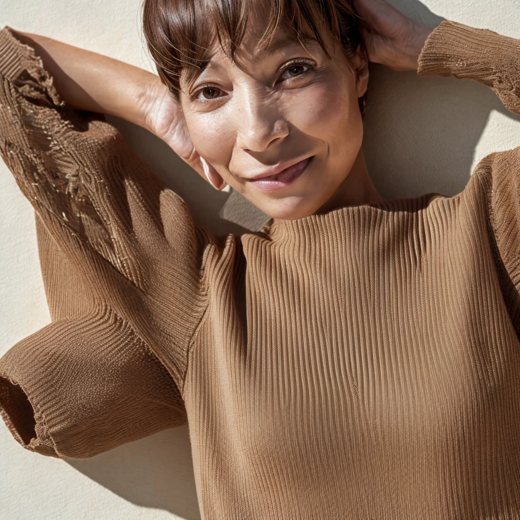 Ultra realistic capture, highly detailed, high resolution 16K close-up of human skin. Skin texture must be natural and detailed enough that pores can be finely identified. Skin should be healthy and even in tone. Use of natural light and color. Cafe. Brown bob cut. Short-sleeved shirt.