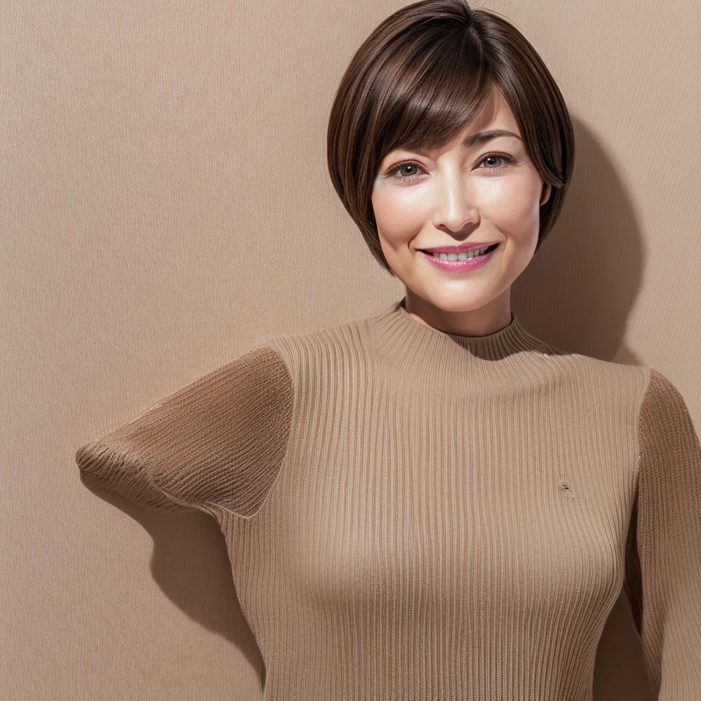 Ultra realistic capture, highly detailed, high resolution 16K close-up of human skin. Skin texture must be natural and detailed enough that pores can be finely identified. Skin should be healthy and even in tone. Use of natural light and color. Cafe. Brown bob cut. Short-sleeved shirt.