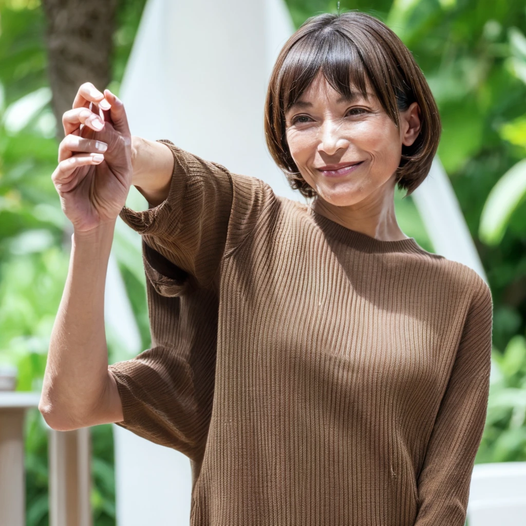 Ultra realistic capture, highly detailed, high resolution 16K close-up of human skin. Skin texture must be natural and detailed enough that pores can be finely identified. Skin should be healthy and even in tone. Use of natural light and color. Cafe. Brown bob cut. Short-sleeved shirt.
