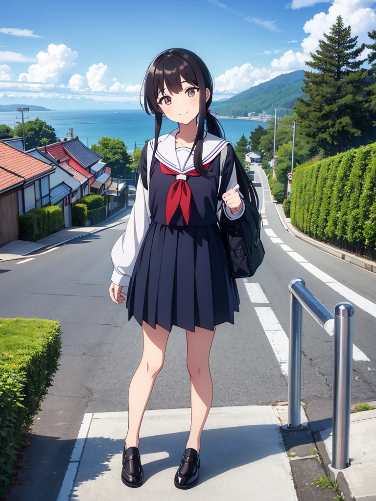 1girl, standing, head tilt, gentle smile, 15yo,
(downhill:1.3), (sloped road), wide single road in Japan, (sea in distance:1.4), (port city:1.4), (cityscape in distance),
(low twintails girl), low pigtails, black hair, very long hair,
serafuku with blue ribbon, navy-blue collar,
(dark brown eye), 1 student bag on right shoulder,
city area, (stylish, urban),
electric pole, white line on the road, tree on side, white residences on side,
gantry crane, afternoon, spring, superb view,
from front, from slightly above,
afternoon, summer,
anime, high brightness, detailed face, detailed eyes,
(high quality, ultra detailed, masterpiece, FHD)