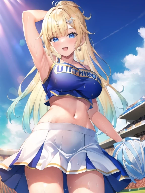 (masterpiece:1.3), (absurdres:1.3), (best quality:1.3), hand of Guido Daniele, (ultra-detailed:1.3),(best shadow:0.7), (handled hair),
1girl, solo, sh1, aizawa ema, large breasts, cleavage, blonde hair, asymmetrical bangs, blunt bangs, blue eyes, hair ornament, smile, open mouth, (wet, wet_hair, wet_clothes, wet_shirt, oily skin, glossy), (cheerleader, crop top, miniskirt, bare shoulders, white skirt, standing, holding pom poms), pom pom \(cheerleading\),
BREAK outdoors, stadium, sunlight, bright sky, blue sky with clouds, winds, god rays, light rays,