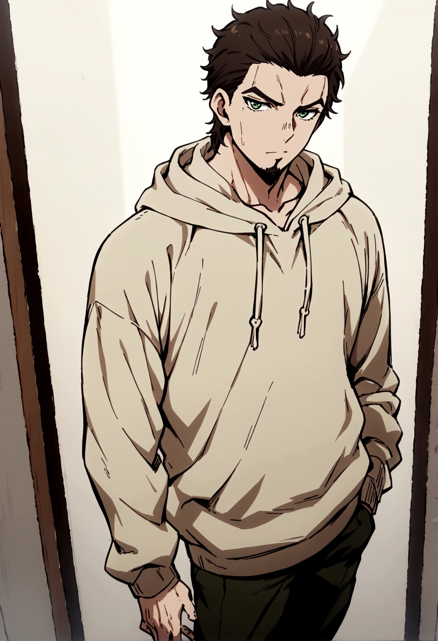 fullbody,masterpiece,standing,light brown hoodie,dark brown short hair,green eyes,(bangs),adult,1boy,solo,light stuble,(slight beard),slim,