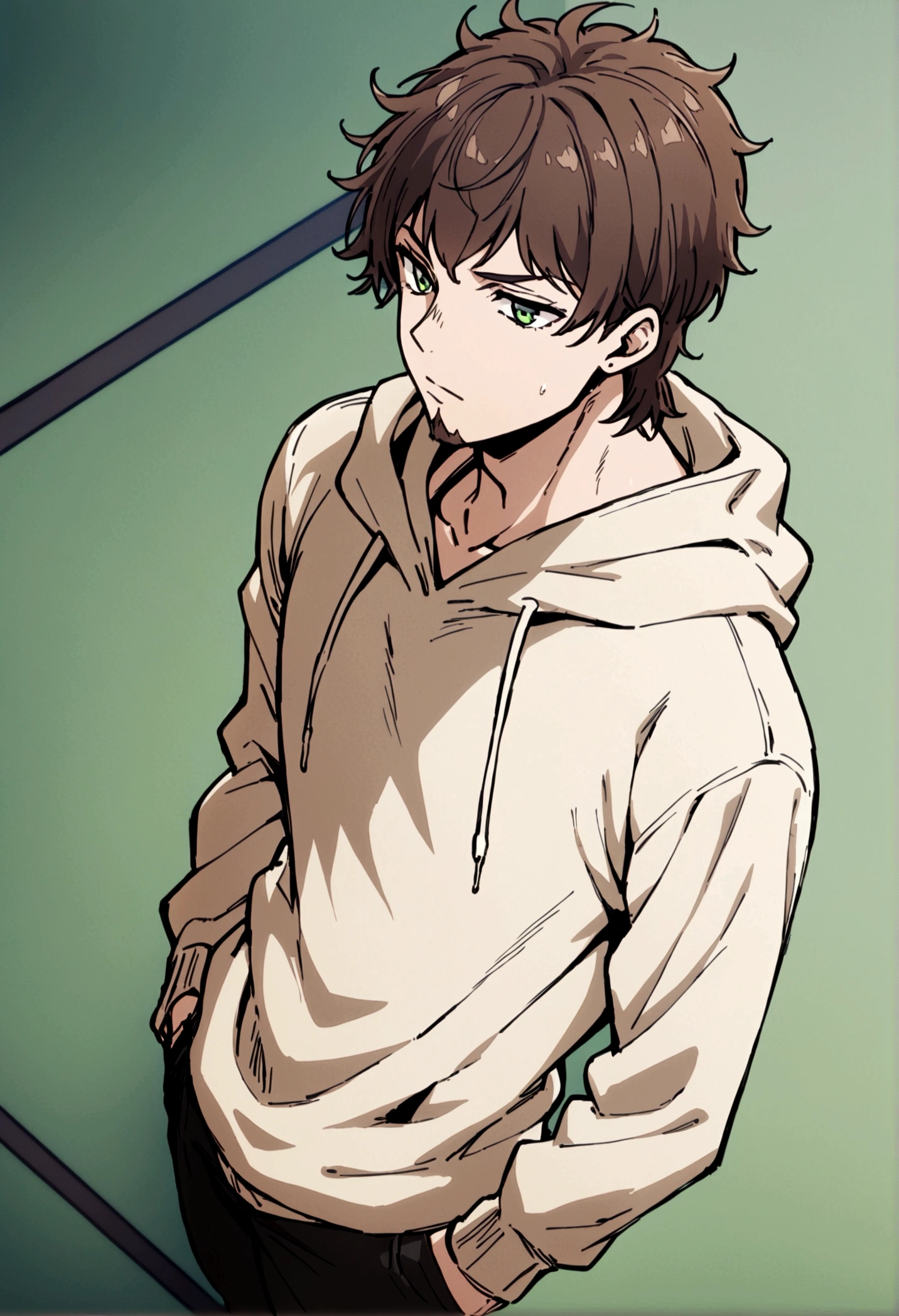 fullbody,masterpiece,standing,light brown hoodie,dark brown short hair,green eyes,(bangs),adult,1boy,solo,light stuble,(slight beard),slim,