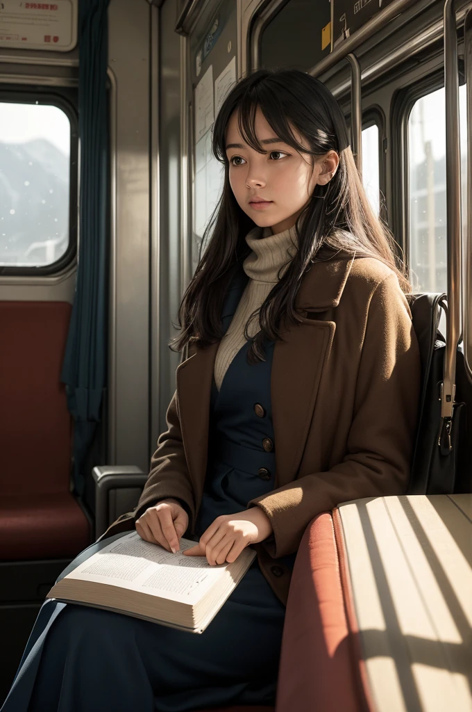 (Scenario: A moving train)
[The passenger looks out the window, lost in thought]
"The landscape passes quickly, mixing green fields and distant cities."
(The sound of the train on the tracks echoes softly)
[She adjusts her coat, trying to protect herself from the cold]
"The interior lights flicker gently, creating a welcoming atmosphere."
(The driver announces the next station)
[The passenger sighs, anxious to get to her destination]
"The carriage is almost empty, with only a few people scattered across the seats."
(She takes a book from her bag and starts reading, immersed in the story)
[The passenger's eyes shine in the sunlight coming through the window]
"The journey continues, with the train moving towards the unknown." 