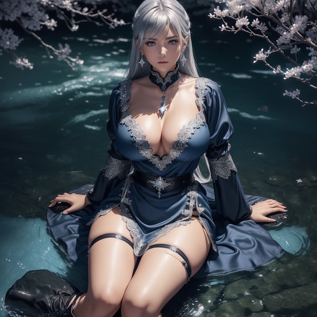 (( 3d anime realistic style image)),(( of a extremely Beautyfull woman)), ((beatyufull detailed face)) ((centered)) ,((cimmetrical)),(voluptuous body),(((very,very large Breasts))),((narrow waist)), (((wide hips))),((( thick thighs)))((with white hair)), ((detailed blue-neon eyes)), ((low-cut silver silk dress with long sleeves, qipao collar)),((short black skirt with sash)),((knee-high black lace-up boots)),((silver earrings and necklace)), ((silver bracelets with intricate details in both hands)),(thin silver chain belt decorated with small medals at intervals),((sapphire blue medallion on the chest)),((lying on a rock)),(( in the background a lake with water navy blue)),((a waterfall flowing from a high rock)),(( surrounded by cherry trees)),((on a clear night with stars in the sky)), (image in hd, high quality, masterpiece, 8k resolution).