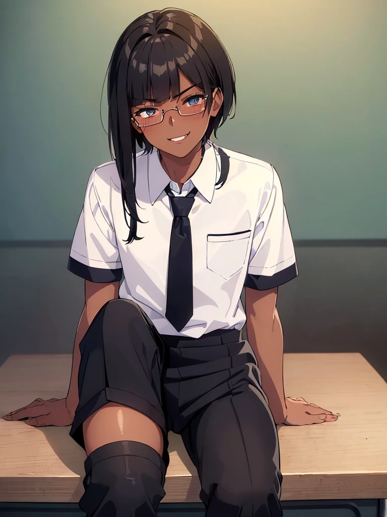 (1 feminine boy solo),(dark skin:1.5),(masterpiece:1.2), highest quality, High resolution, unity 8k wallpaper, (fine and beautiful eyes:1.6), highly detailed face, perfect lighting, Detailed CG, (perfect hands, perfect anatomy),20 years old, (black hair:1.3), detailed eyes, best quality, extremely detailed, very precise detailed, (glasses:1.4),  , (straight hair:1.5), (evil smile:1.4) ,long sidelocks, (blush:1.3),(sit on desk:1.3),(Put left knee in front:1.5),(boy's school uniform long pant:1.5),(loosen necktie:1.2),spread legs,bend knee,(open short_sleeves shirt:1.8),(low ponytail),(blunt bangs:1.4)
