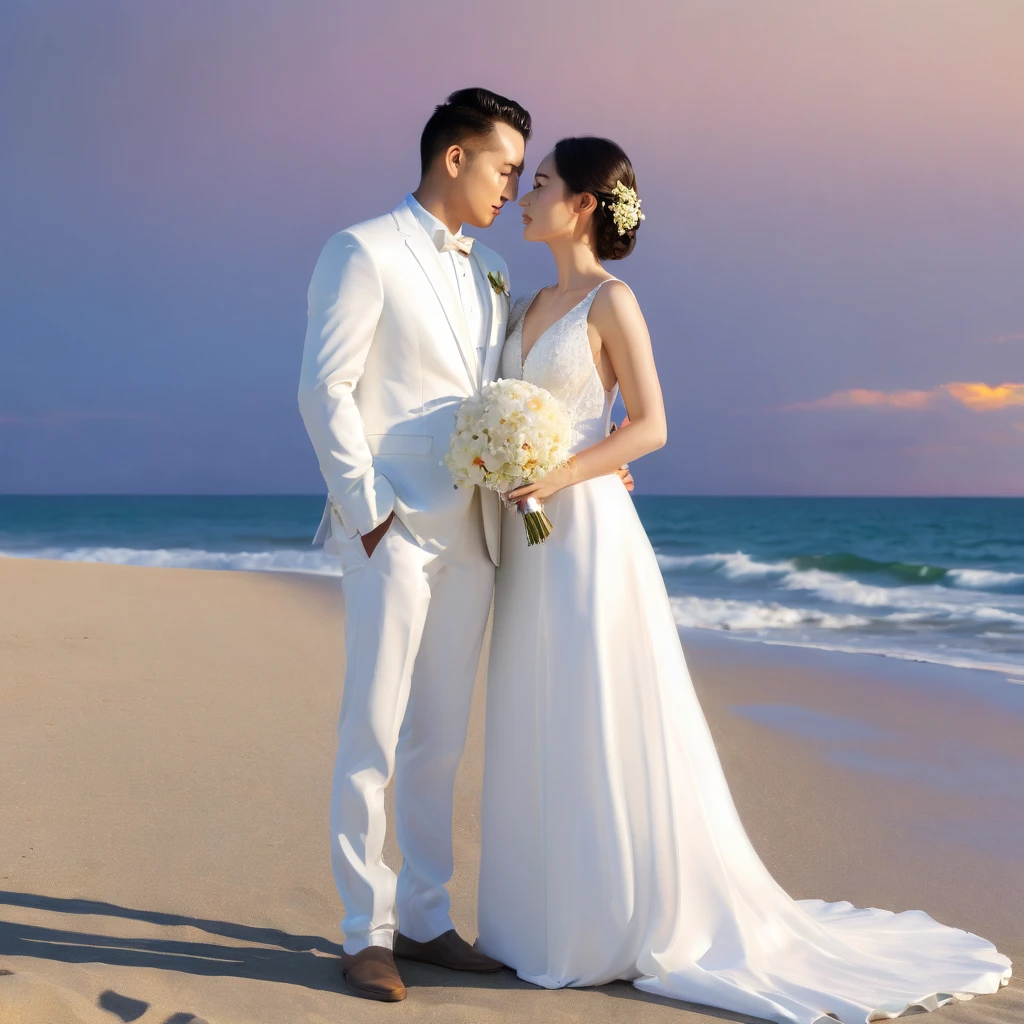cinematographic style, cinematography, Tyndall effect, a beautiful couple standing forehead to forehead on a beach at sunset, the groom wearing a white tuxedo, the bride wearing a pristine white wedding dress, backlit, raytraced, rim lighting, hard shadow, (best quality,4k,8k,highres,masterpiece:1.2),ultra-detailed,(realistic,photorealistic,photo-realistic:1.37),UHD,studio lighting,ultra-fine painting,sharp focus,physically-based rendering,extreme detail description,professional,vivid colors,bokeh, フィルムグレイン