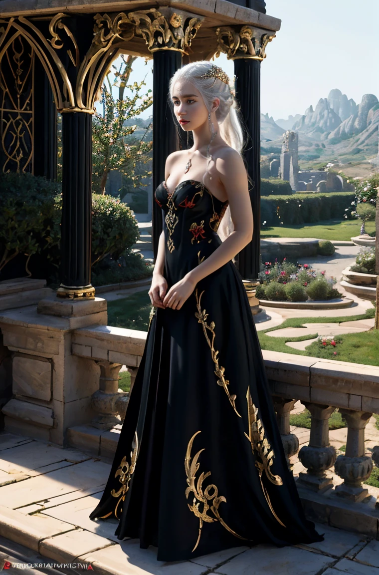 fantasy, Princess Targaryen, full-length, in the garden, a girl with white hair, in a red and black dress embroidered with gold threads of rubies and diamonds, with open shoulders, looks like Daenerys|Natalie Portma, hd