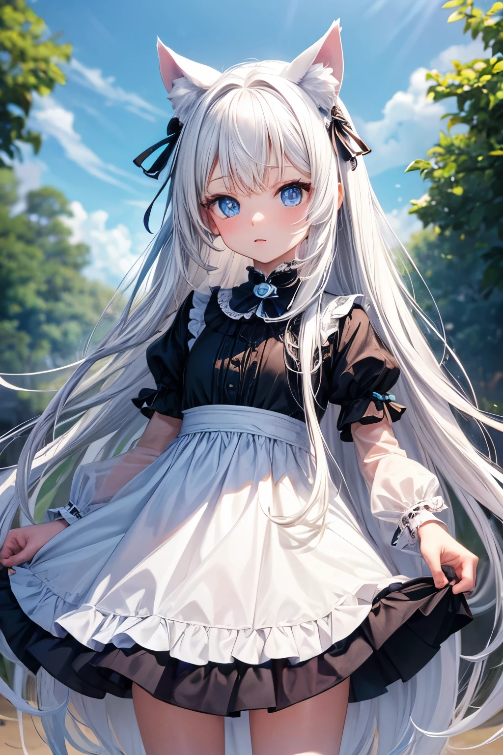 long white hair,Animal ears,blue eyes,little girl,dress