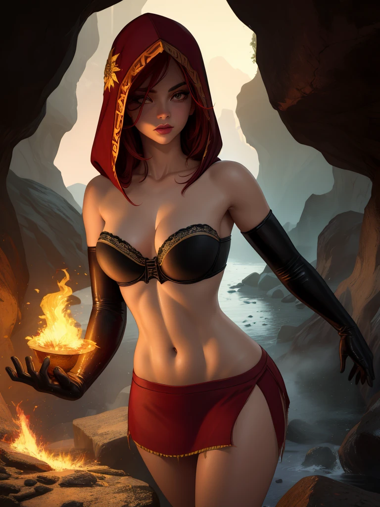 Dsorceress, redhair, shadowy face,dark cave, fire, hood, shadowed face, strapless bra, slim and athletic body, miniskirt, no panty, elbow gloves, dark skin, 1 girl (insanely detailed, masterpiece, best quality)