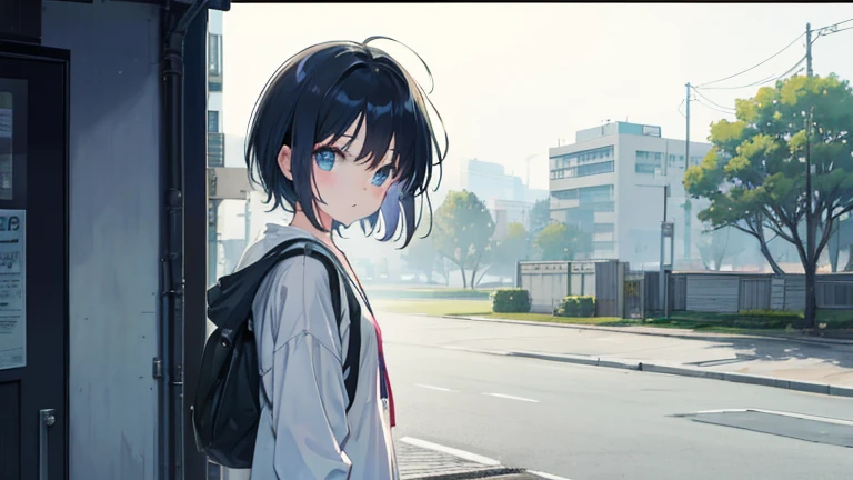 90s anime style。In the morning mist、A boyish, lightly dressed girl。