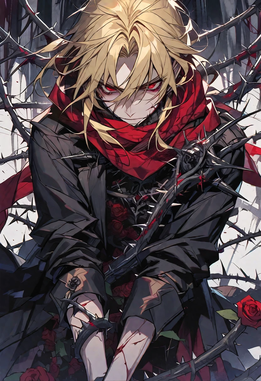Solo, male, blonde hair, red eyes, black coat, red scarf, black roses, red roses, thorns, blood