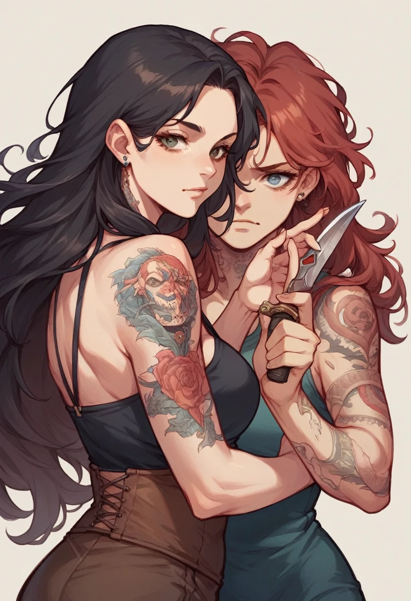 A red-haired woman with long hair and brown eyes holds a dagger next to her. A woman with long brown hair and brown eyes smokes with tattoos on her hands. Next to her is a woman with long black hair and blue eyes who holds weapons in both hands.