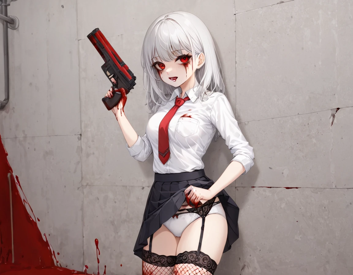 Girl shooting two guns、Bloody white shirt、A girl covered in blood after being splashed with blood. She lifts her skirt with both hands.、Showing off cute white underwear.、Black garter belt、Black rough fishnet stockings、Plain white shirt with red tie、Plain white shirt covered in blood、Standing posture、Bloody Abandoned Factory