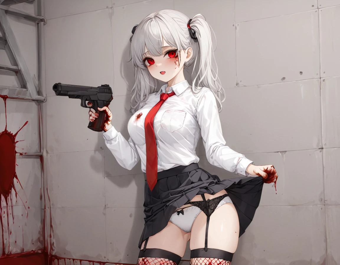 Girl shooting two guns、Bloody white shirt、A girl covered in blood after being splashed with blood. She lifts her skirt with both hands.、Showing off cute white underwear.、Black garter belt、Black rough fishnet stockings、Plain white shirt with red tie、Plain white shirt covered in blood、Standing posture、Bloody Abandoned Factory
