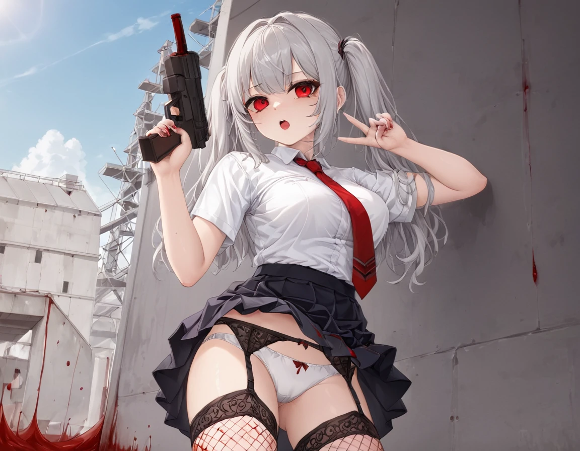 Girl shooting two guns、Bloody white shirt、A girl covered in blood after being splashed with blood. She lifts her skirt with both hands.、Showing off cute white underwear.、Black garter belt、Black rough fishnet stockings、Plain white shirt with red tie、Plain white shirt covered in blood、Standing posture、Bloody Abandoned Factory