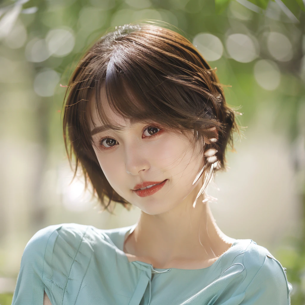 Ultra realistic capture, highly detailed, high resolution 16K close-up of human skin. Skin texture must be natural and detailed enough that pores can be finely identified. Skin should be healthy and even in tone. Use of natural light and color. Cafe. Brown bob cut. Short-sleeved shirt.