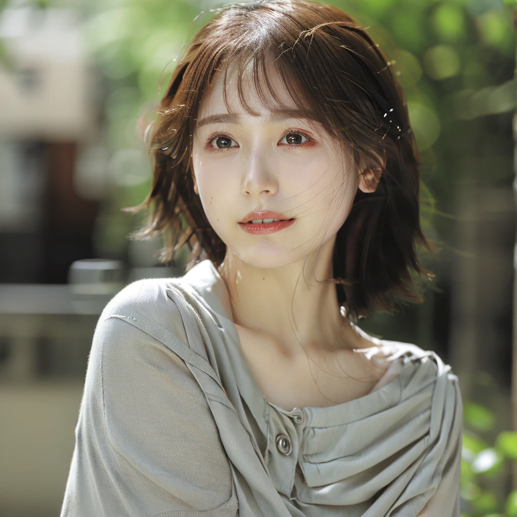 Ultra realistic capture, highly detailed, high resolution 16K close-up of human skin. Skin texture must be natural and detailed enough that pores can be finely identified. Skin should be healthy and even in tone. Use of natural light and color. Cafe. Brown bob cut. Short-sleeved shirt.