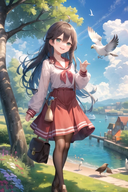 masterpiece, best quality, 1 Girl, Koizumi, King of Birds , Red Skirt, brown legwear, Brown footwear, Smile, cloud, sky, Hook of Holland, (landscape, landscape), outdoor, Tree