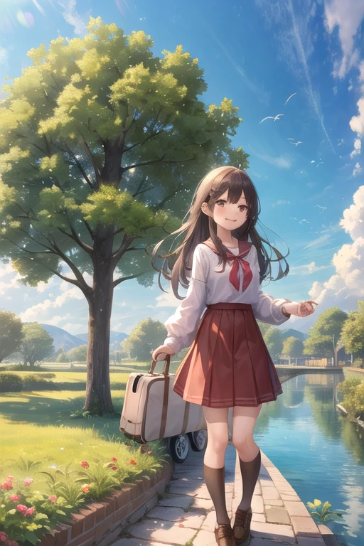 masterpiece, best quality, 1 Girl, Koizumi, King of Birds , Red Skirt, brown legwear, Brown footwear, Smile, cloud, sky, Hook of Holland, (landscape, landscape), outdoor, Tree