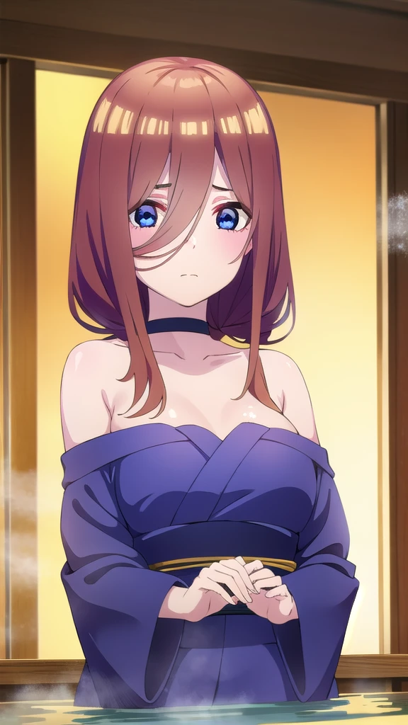 BREAK indoors, onsen,night,steam,wet,stars,starfall,hot water, BREAK looking at viewer, BREAK (masterpiece:1.2), best quality, high resolution, unity 8k wallpaper, (illustration:0.8), (beautiful detailed eyes:1.6), extremely detailed face, perfect lighting, extremely detailed CG, (perfect hands, perfect anatomy),Miku Nakano, Miku Nakano Chick III, Long Hair, Bangs, Blue Eyes, Brown hair, Hair between the eyes,medium Breasts,japanese clothes,kimono,wet kimano, yukata,cleavege,neckline,black choker, naked shoulders,