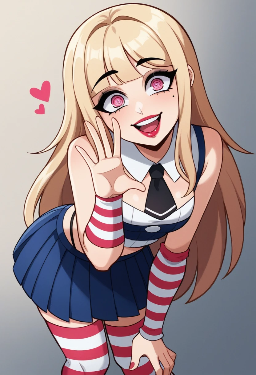 score_9, score_8_up, score_8, (top quality,8k wallpaper),(masterpiece,best quality:1.2), ((source_anime, anime)), 1girl, green eyes, goat pupils, ((very light blonde hair, long hair, straight hair)), fringe bangs, porcelain white skin, geisha makeup, pale skin, small breasts, yandere eyes, crazy smile, wide eyes, jealous, jealousy, very jealous, yandere, sleeveless, blue and white sailor girl top, black tie, black thong straps, ((blue skirt, pleated skirt:1.2)), red and white striped thigh highs, striped thigh highs,, midriff, thong, asymmetrical thigh highs, ((white arm warmers)), standing, classroom, black eyebrows, indoors, bedroom, girly, feminine, egirlthot, standing, obsessive, ((lipstick)), black mascara, black eyeliner, pink eyes, white powdered face, very white face, Goth girl, egirlthot, heart fingers, large eyes, beauty mark, ((super crazy eyes, very wide eyes, insane)), giggling, laughing, leaning forward, head tilt, one eye partially closed, s1z3d1ff_t4lk, taller girl, standing, legs straight, bent forwards, arched back, hands on knees, cleavage, breasts squished between arms, [[from below]:0.5], pov, eye contact, in a bedroom, simple background, 