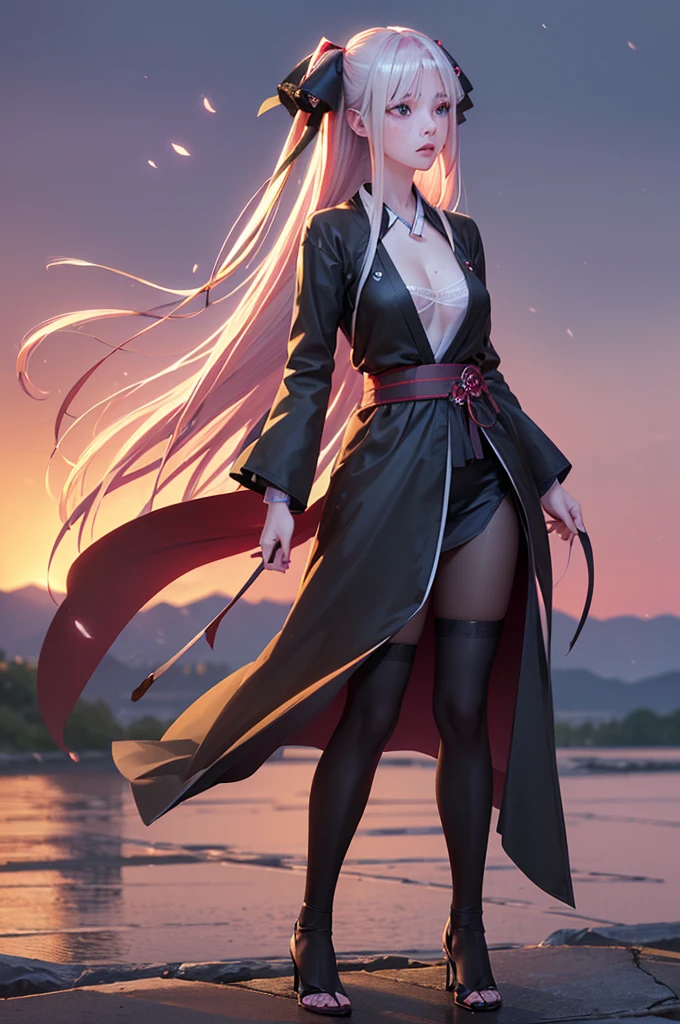 Biologically correct limb count)),(( From head to toe,Full-body photo including face)),4K,((Standing position)),masterpiece,((Focus on the face)),((Symmetrical facial features)),Eyes with detailed description,Beautiful woman,Great style,Beautiful arms,Beautiful feet,Beautiful Hands,(Small Ass,Thin thighs),Facial details,((High heels,Patterned stockings),Realistic photos,blue eyes, hair ornaments, Hair Ribbon,Random color see-through kunoichi costume、Japanese see-through female samurai costume、See-through female ninja costume,, Open clothes, Collared dress emphasizes cleavage、胸の谷間のSweat is noticeable、Professional lighting light reflection、 looking at viewer, (masterpiece:1.2), Highest quality, High resolution, unity 8k wallpaper, (figure:0.8), (Beautiful fine details:1.6), Highly detailed face, Perfect lighting, Highly detailed CG, (Perfect hands, Perfect Anatomy),heavy rain、heavy rainで全身びしょ濡れ、heavy rainで全身びしょ濡れの服、High heels、 ((Perfect handsの形))、(Perfect foot shape、Embarrassed expression、blush、Gestures to seduce a man、Shining Sweat、Perfect Skin,Sweat is noticeable、太もものSweat is noticeable、 Fair skin,Tight waist, Sweating profusely、Sweaty hair、Sweaty clothes、Sweaty、Visible sweat、rain-wet hair、A vast Western church with stained glass windows、Holding a Japanese sword、Athlete System、cherry blossoms、Blonde、Silver Hair