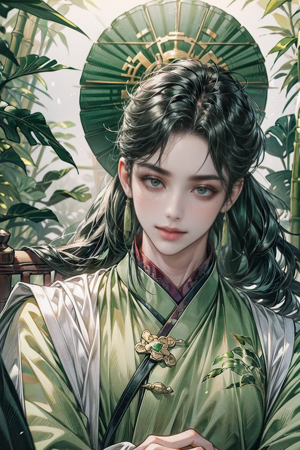 xianxia, (((best quality))),masterpiece,ultra high resolution,extraordinarily beautiful youth, a bright, villains smile,All green clothing,((boy 24 year old, green hanfu,green clothing, Chinese shirt style)) ,boy character ,((Thick black long hair)),beautiful face,detailed interior, detailed boy,((man)),(in bamboo forest), house China style, pure white lotus,beautiful and cute boy ,black eyes,((solo man)),(he has a Big eyes, charming lips, slim nose and small face),(slim figures ),ponytail and 冠, Hiogi fan,Japanese fan ,very long hair, thick hair, black hair ,eyes detailed,pony tails,solo man