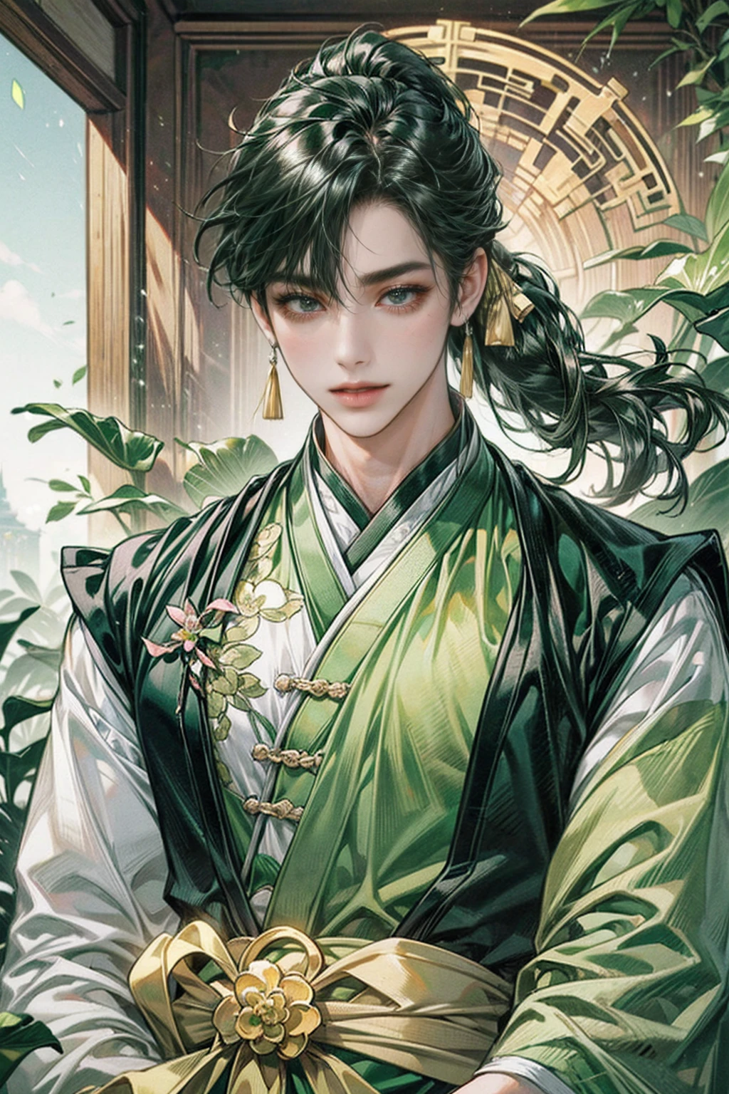 xianxia, (((best quality))),masterpiece,ultra high resolution,extraordinarily beautiful youth, a bright, villains smile,All green clothing,((boy 24 year old, green hanfu,green clothing, Chinese shirt style)) ,boy character ,((Thick black long hair)),beautiful face,detailed interior, detailed boy,((man)),(in bamboo forest), house China style, pure white lotus,beautiful and cute boy ,black eyes,((solo man)),(he has a Big eyes, charming lips, slim nose and small face),(slim figures ),ponytail and 冠, Hiogi fan,Japanese fan ,very long hair, thick hair, black hair ,eyes detailed,pony tails,solo man