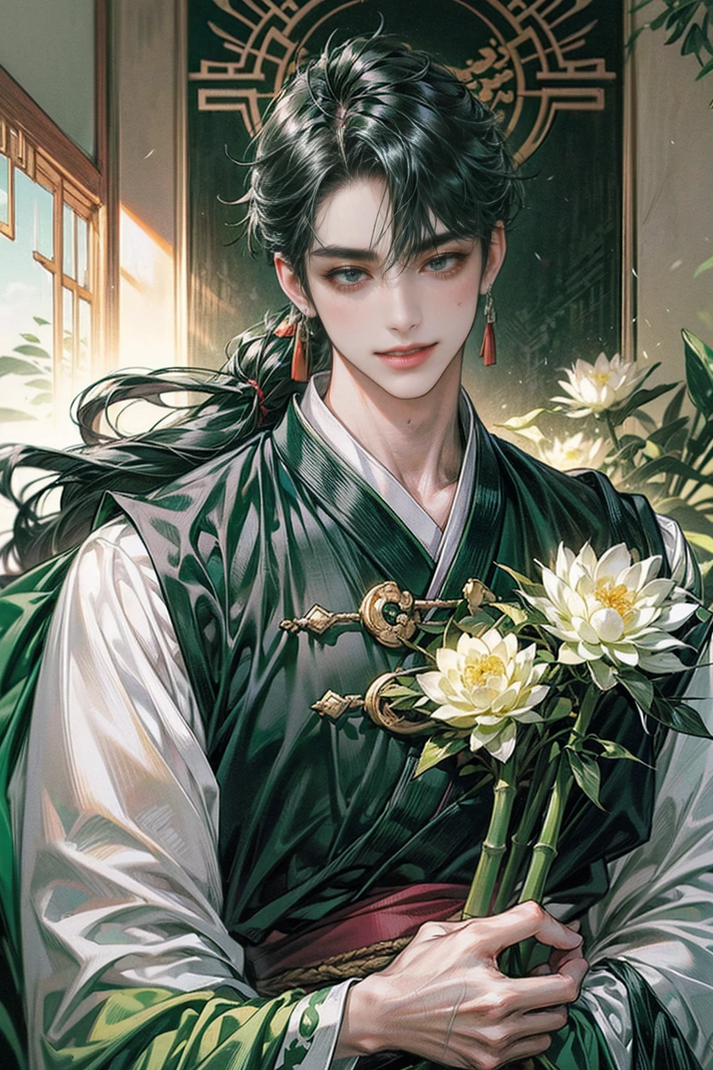 xianxia, (((best quality))),masterpiece,ultra high resolution,extraordinarily beautiful youth, a bright, villains smile,All green clothing,((boy 24 year old, green hanfu,green clothing, Chinese shirt style)) ,boy character ,((Thick black long hair)),beautiful face,detailed interior, detailed boy,((man)),(in bamboo forest), house China style, pure white lotus,beautiful and cute boy ,black eyes,((solo man)),(he has a Big eyes, charming lips, slim nose and small face),(slim figures ),ponytail and 冠, Hiogi fan,Japanese fan ,very long hair, thick hair, black hair ,eyes detailed,pony tails,solo man