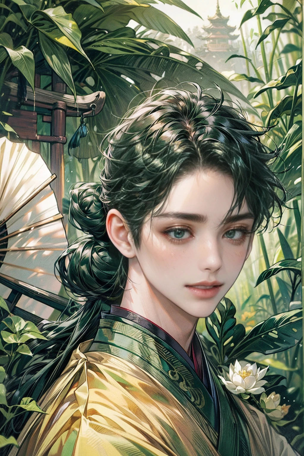 xianxia, (((best quality))),masterpiece,ultra high resolution,extraordinarily beautiful youth, a bright, villains smile,All green clothing,((boy 24 year old, green hanfu,green clothing, Chinese shirt style)) ,boy character ,((Thick black long hair)),beautiful face,detailed interior, detailed boy,((man)),(in bamboo forest), house China style, pure white lotus,beautiful and cute boy ,black eyes,((solo man)),(he has a Big eyes, charming lips, slim nose and small face),(slim figures ),ponytail and 冠, Hiogi fan,Japanese fan ,very long hair, thick hair, black hair ,eyes detailed,pony tails,solo man