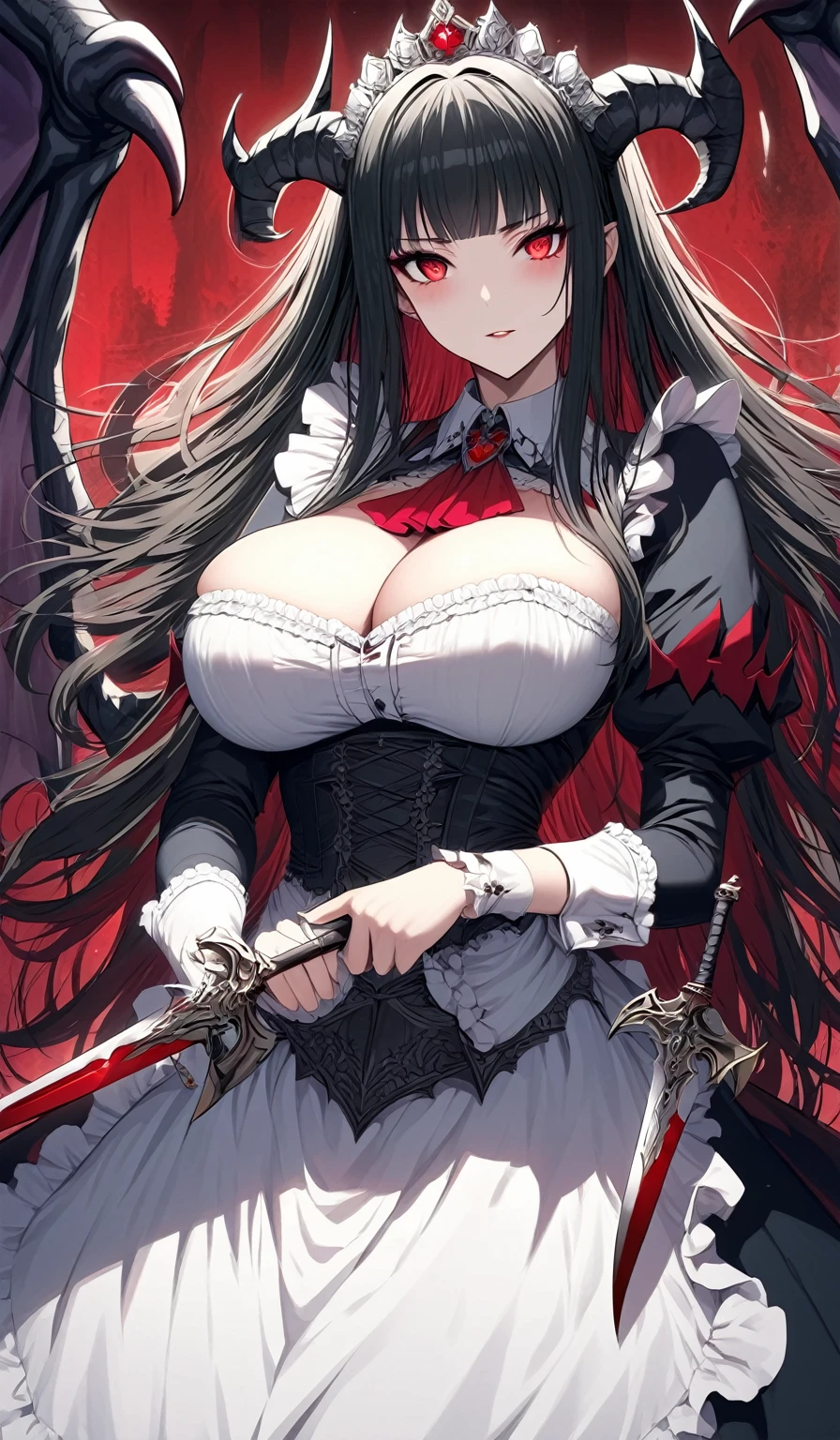 Masterpiece, very detailed, ultra detailed, one, (1 woman), Photo of a woman in a maid costume with detailed killing knives in her hands, beautiful vampire queen, beautiful vampire female queen, with charming eyes, blood red eyes, long black straight hair and straight bangs, with huge breast, she’s With demonic horns and dragon wings, around her magic of darkness, vampire, beautiful charming anime woman, ((beautiful fantasy empress)), beautiful female vampire