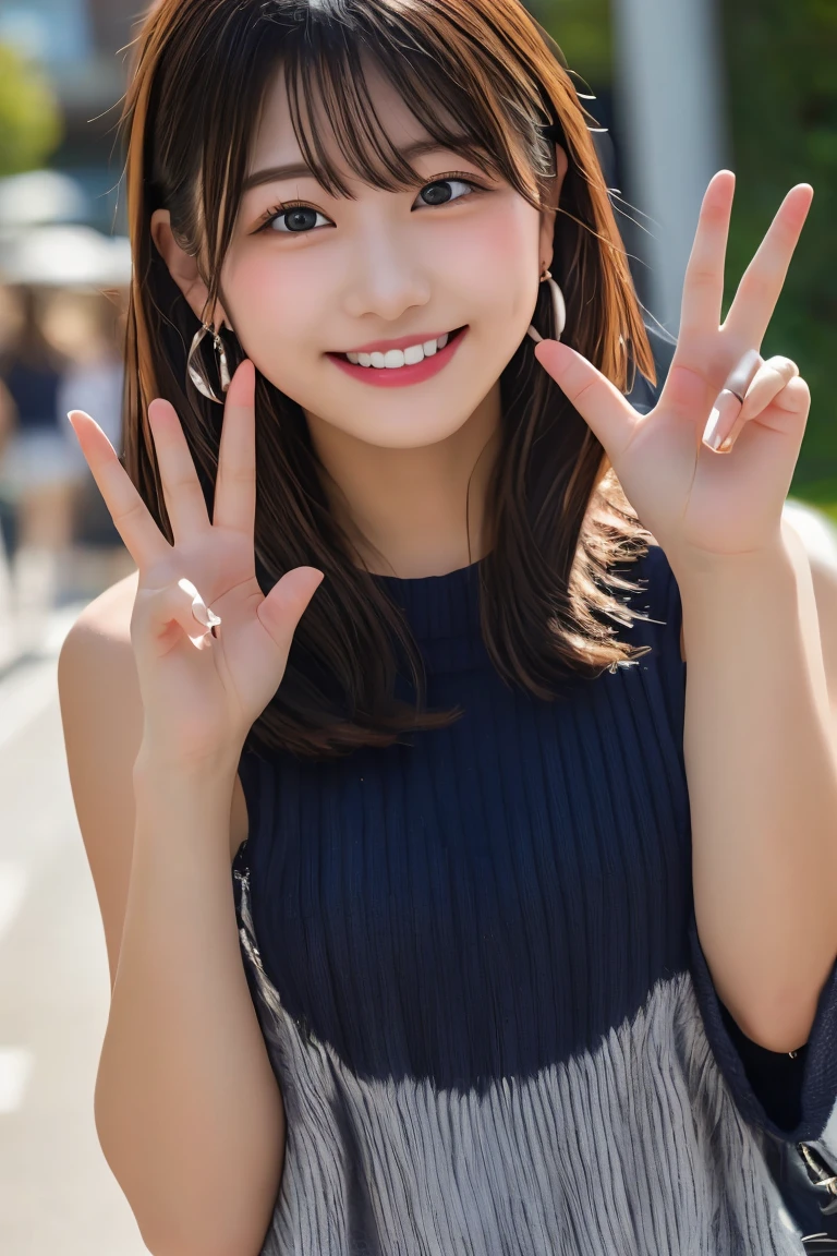 Highest quality, (beautiful)、university student、smile、peace sign、Semi-short、Earrings、Big 