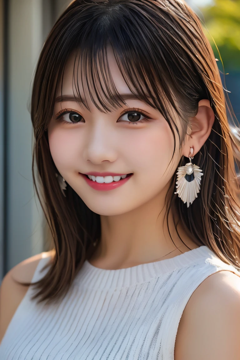 Highest quality, (beautiful)、university student、smile、peace sign、Semi-short、Earrings、Big