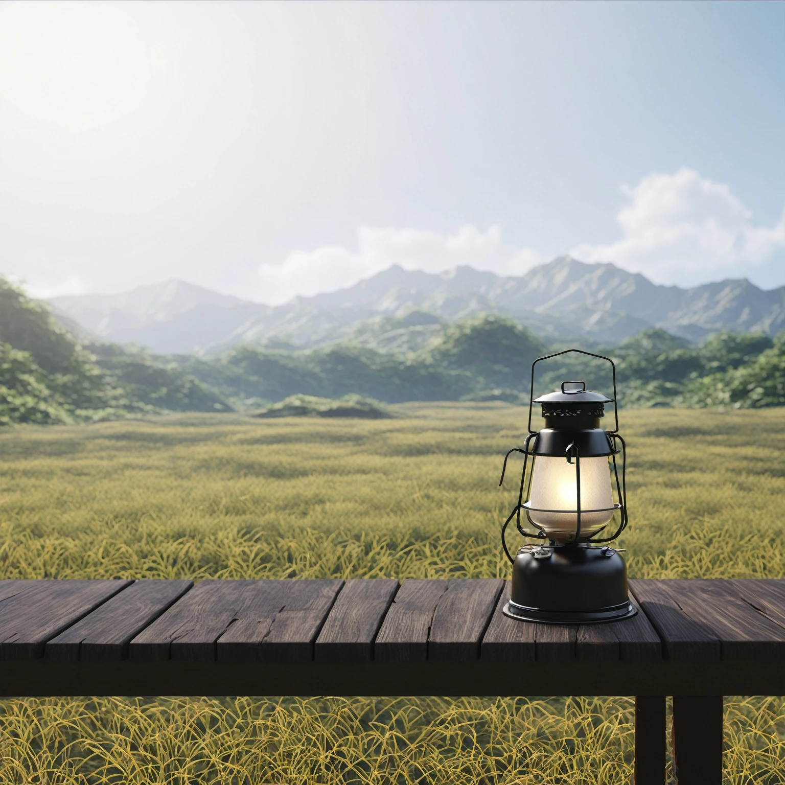 田野里的camping桌上放着一盏camping灯, photorealistic landscape, Realistic scene, Adventure surrealistic rendering, Beautiful landscape photos,The vista is blurred,Landscape Photography,camping