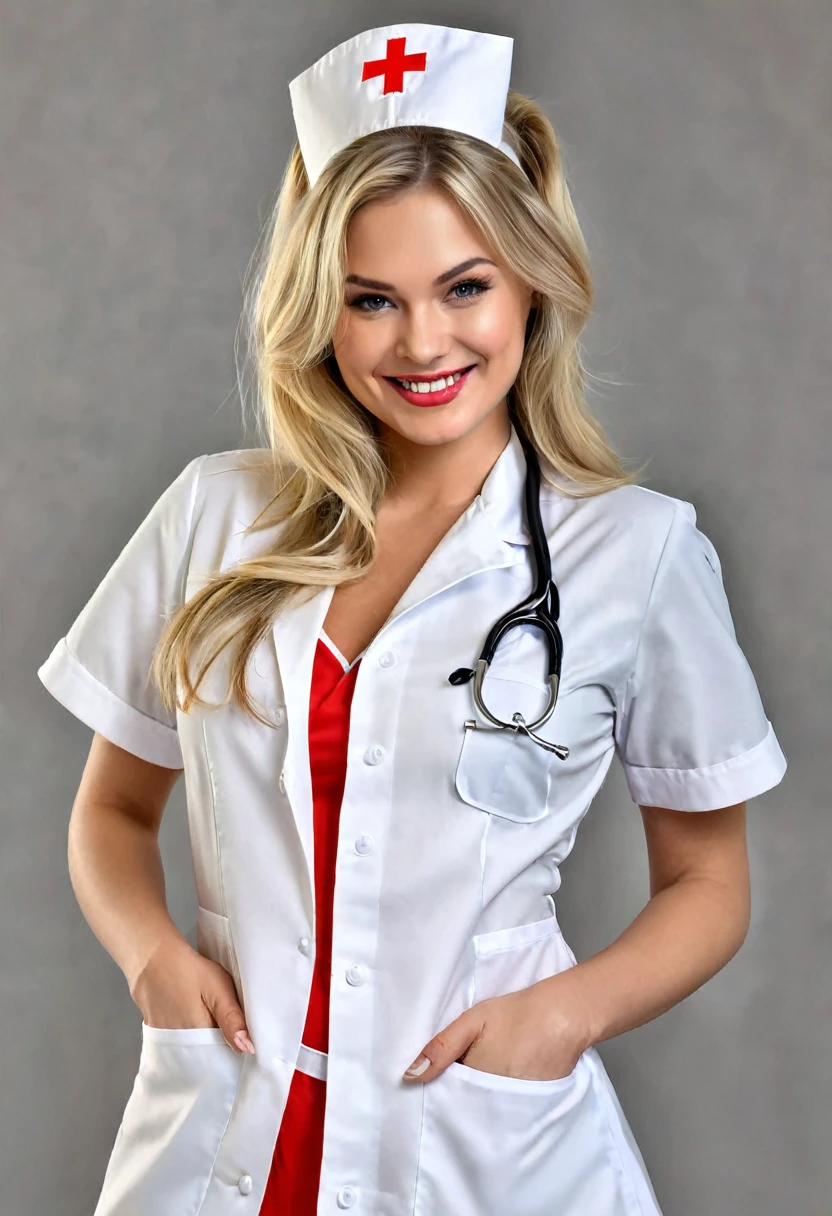 Realistic blonde girl nurse outfit smirk posing