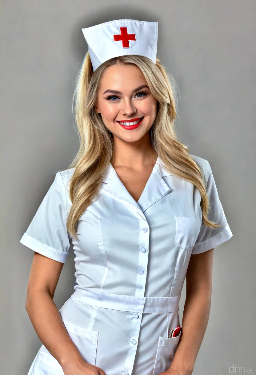 Realistic blonde girl nurse outfit smirk posing 