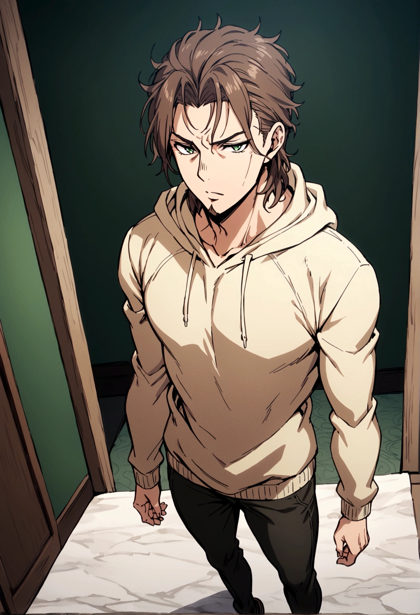 fullbody,masterpiece,standing,light brown hoodie,dark brown short hair,green eyes,(bangs),adult,1boy,solo,light stuble,(beard),slim,