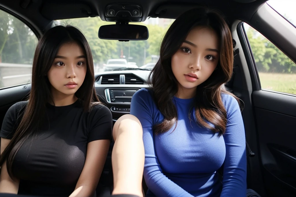 Indonesian girl 19-year-old Hairstyle Casual, F Cup Breasts wearing crewneck dress in car amd driving the car with her friend, they are scared because there are thugs who want to do carjacking and they in car increasingly scared 