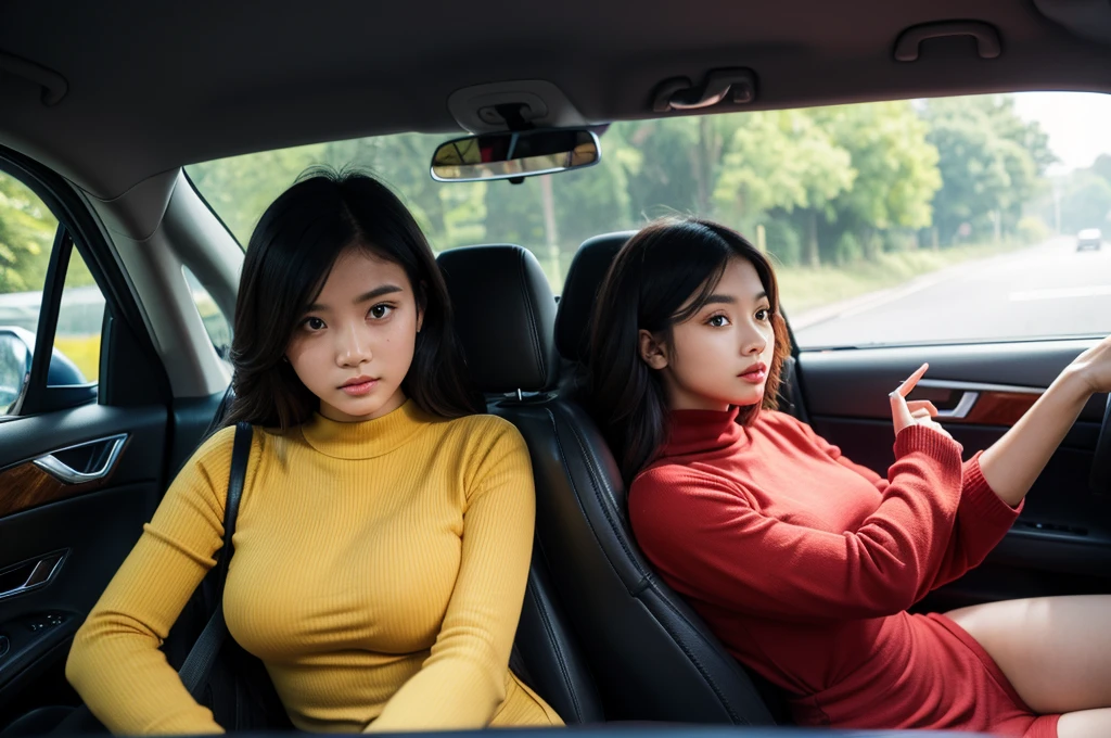 Indonesian girl 19-year-old Hairstyle Casual, F Cup Breasts wearing crewneck dress in car amd driving the car with her friend, they are scared because there are thugs who want to do carjacking and they in car increasingly scared