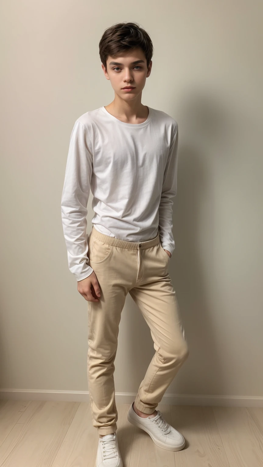 A beautiful young male twink with black hair and a white face with makeup. He is wearing a long-sleeved shirt, a tight-fitting shirt, brown, aqua blue pants, and brown shoes. He is fully visible and a white background.