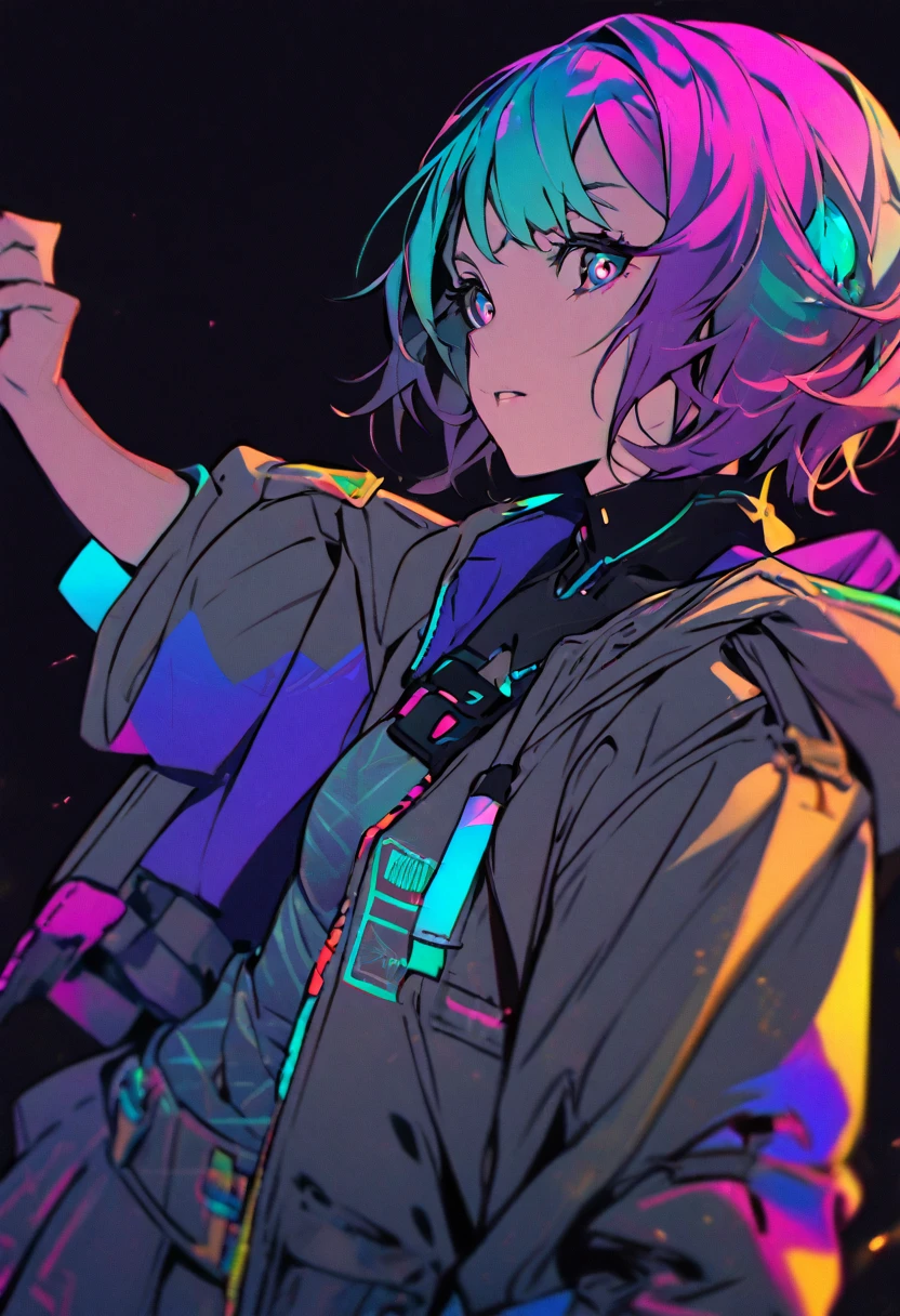  girl, close up, dark background ,solarpunk , awesome costume ,jacket , random pose , random color