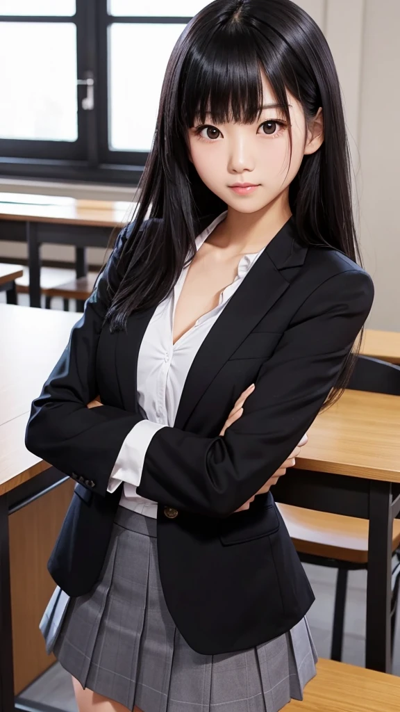 Tabletop、highlight、Asian woman、Black Hair、Heavy bangs、high school girl、blazer、skirt、Gazing Eyes、Support your chest with your arms、tight chest、