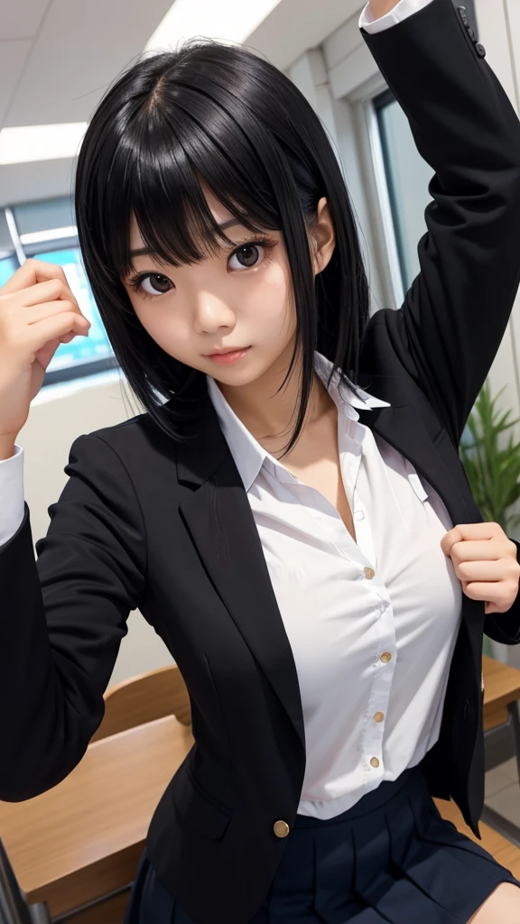 Tabletop、highlight、Asian woman、Black Hair、Heavy bangs、high school girl、blazer、skirt、Gazing Eyes、Support your chest with your arms、tight chest、
