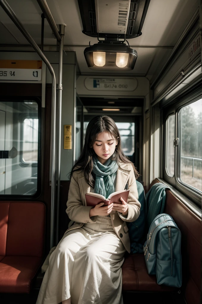 (Scenario: A moving train)
[The passenger looks out the window, lost in thought]
"The landscape passes quickly, mixing green fields and distant cities."
(The sound of the train on the tracks echoes softly)
[She adjusts her coat, trying to protect herself from the cold]
"The interior lights flicker gently, creating a welcoming atmosphere."
(The driver announces the next station)
[The passenger sighs, anxious to get to her destination]
"The carriage is almost empty, with only a few people scattered across the seats."
(She takes a book from her bag and starts reading, immersed in the story)
[The passenger's eyes shine in the sunlight coming through the window]
"The journey continues, with the train moving towards the unknown." 