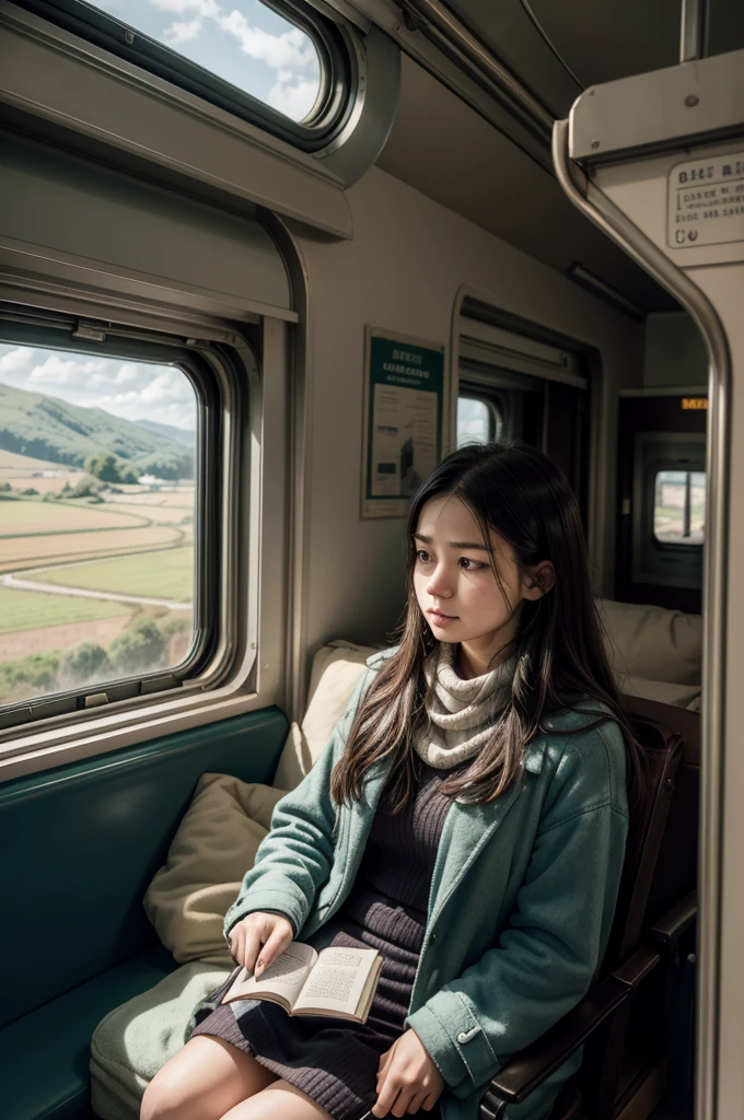 (Scenario: A moving train)
[The passenger looks out the window, lost in thought]
"The landscape passes quickly, mixing green fields and distant cities."
(The sound of the train on the tracks echoes softly)
[She adjusts her coat, trying to protect herself from the cold]
"The interior lights flicker gently, creating a welcoming atmosphere."
(The driver announces the next station)
[The passenger sighs, anxious to get to her destination]
"The carriage is almost empty, with only a few people scattered across the seats."
(She takes a book from her bag and starts reading, immersed in the story)
[The passenger's eyes shine in the sunlight coming through the window]
"The journey continues, with the train moving towards the unknown." 