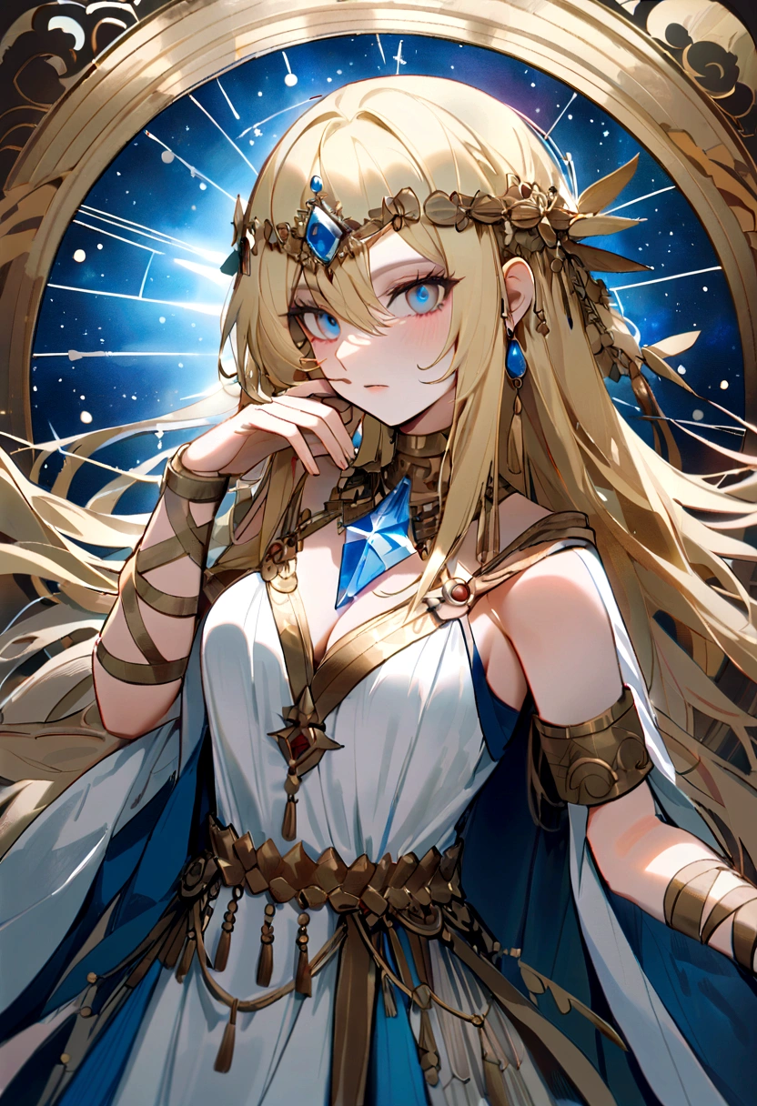 (Huang Li、high quality、Extremely detailed),Constellation-Sagittarius Goddess,巨大的bowarrow,女神拉bow射arrow,bow, arrow , bowarrow手姿势 , Similar to Latin goodness,brave,capricious,Productivity,The face of enterprising and humanitarianism,Yellow hair,Ancient Greek costumes、Wrap Dress,The background is the universe,Crystal blue eyes(Eyes Details),Powerful appearance