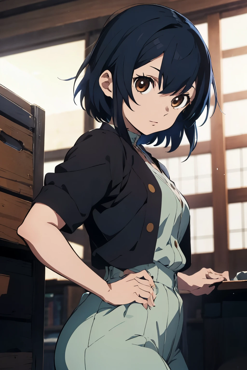 a girl with brown eyes and short blue hair, in the features of the demon slayer anime