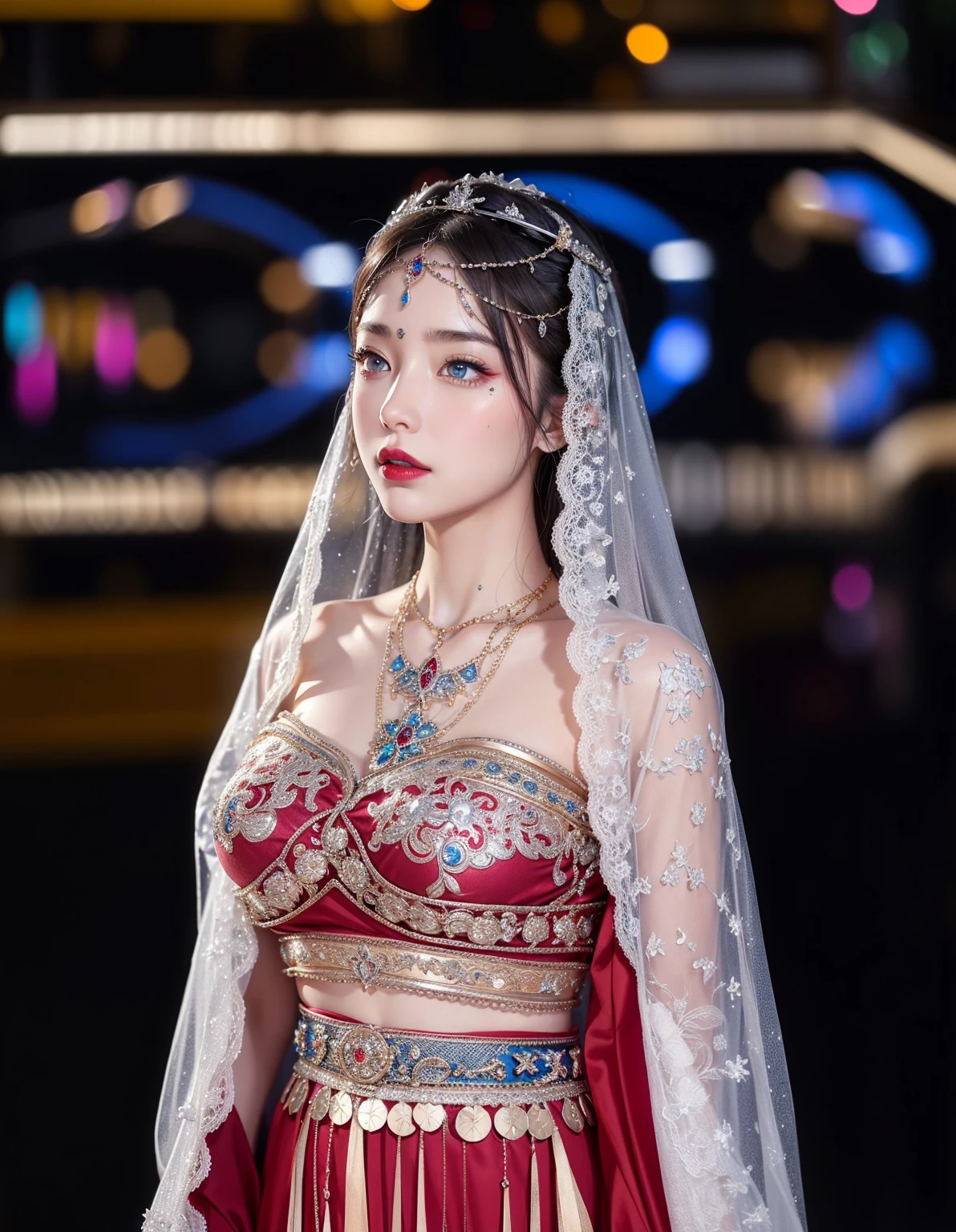 Realistic style,8K picture quality,Very detailed, Delicate face, Realistic style的照片, Stock Photography , rich and colorful, Surreal, Realistic textures, Dramatic Lighting, Distiller 800 (8K, original photo, Better quality, masterpiece: 1.2), Very detailed, (Extremely delicate skin: 1.2), 8K Ultra HD, SLR camera, Soft Light, high quality, 冰冻Queen, Queen, snow castle,Blue pupils,Apply red lipstick,Very delicate tattoo design,Jewelry,